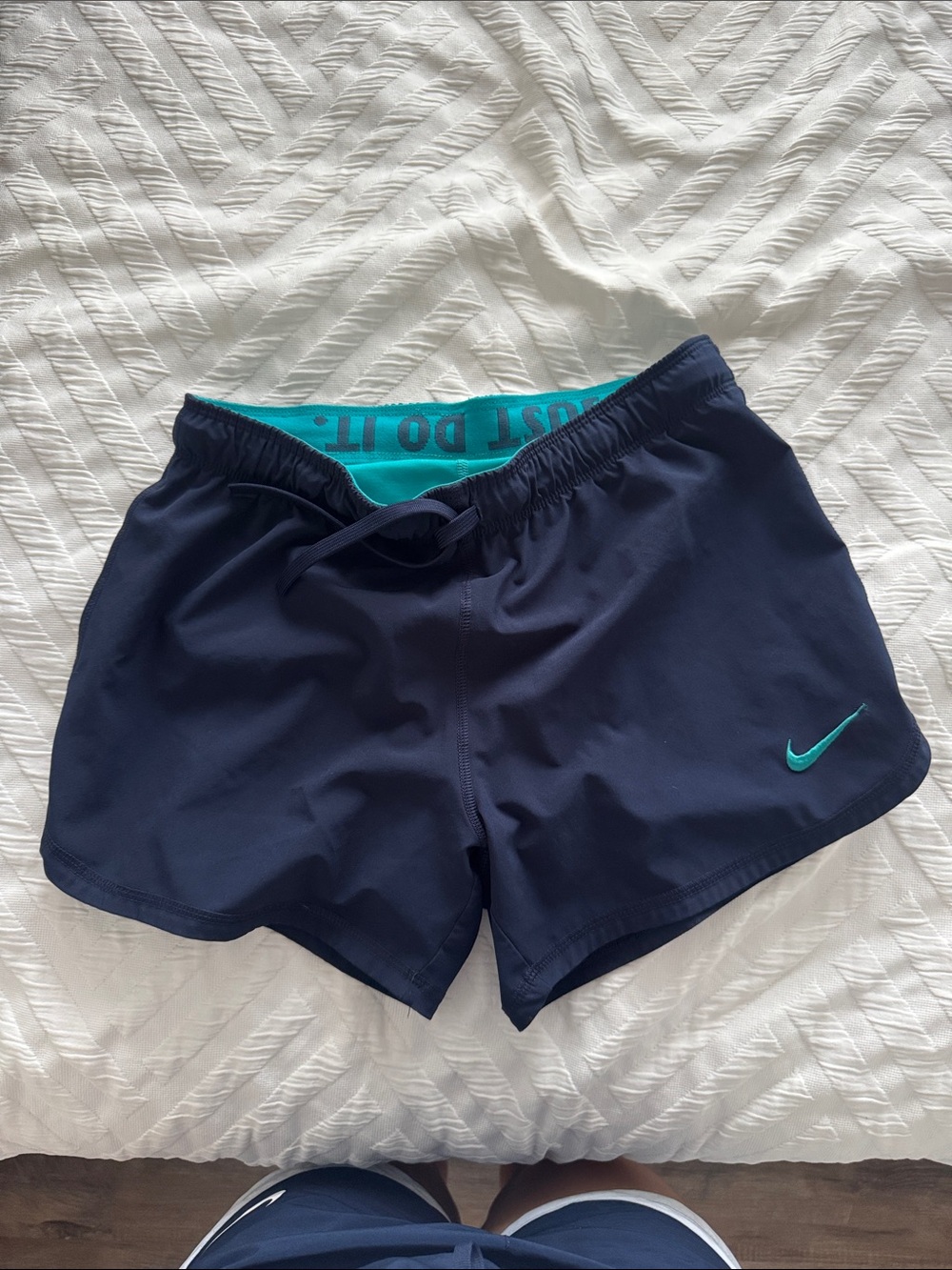 Nike Navy Shorts with Teal Swoosh and Waistband